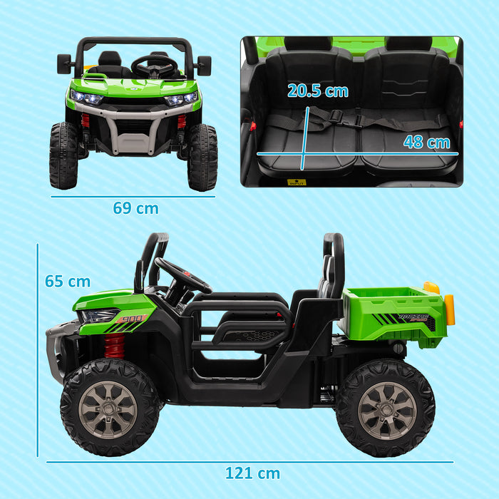 12V Dual-Seater Children's Ride-On Vehicle with Electric Lift Bucket - Interactive Remote-Controlled Car in Vibrant Green - Perfect for Imaginative Outdoor Play