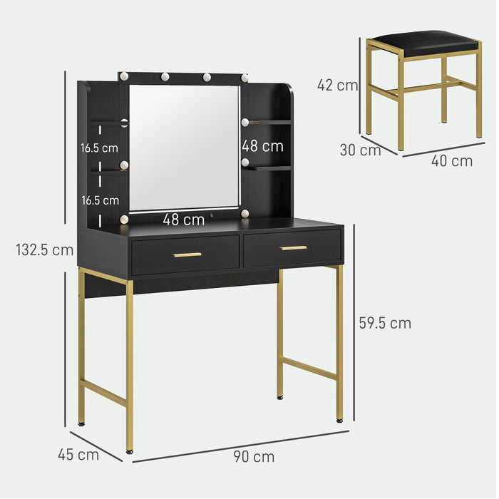 Aosom UK Dressing Table Set - Lighted Mirror Makeup Vanity Desk with Cushioned Stool, Drawers & Shelves - Stylish Modern Dresser for Bedroom Organization, Black