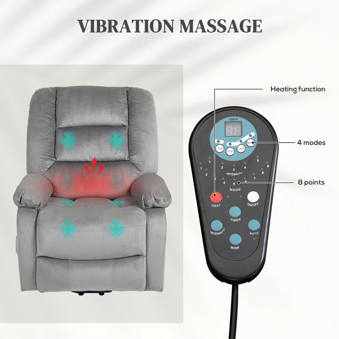 Electric Massage Riser & Recliner Chair with Heating - Vibration Massage, Heated Seat, Handy Side Pocket in Grey - Ideal for Relaxation & Mobility Support