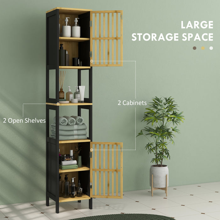 Slim Bamboo Bathroom Cabinet with Open Shelves and Slatted Doors - Tall Storage Unit with Adjustable Shelving in Black - Ideal Organizer for Toiletries and Linens