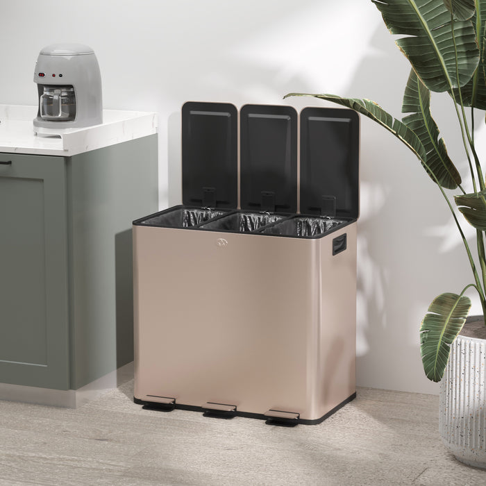 Steel Triple Pedal Bin, 15L Compartments - Soft Close Lid, Removable Buckets, Fingerprint-Proof Finish in Luxurious Gold Tone - Ideal for Recycling & Waste Management in Kitchens