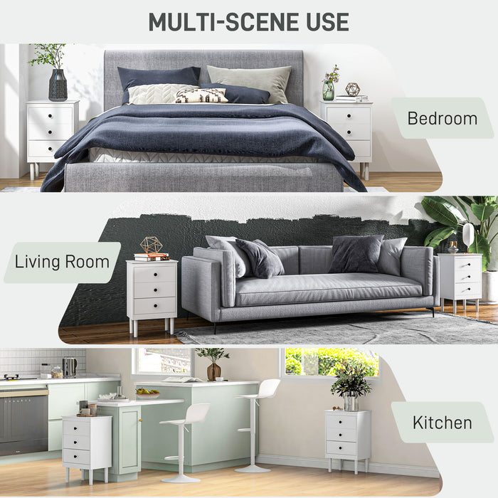 Modern White Bedside Table Set (2-Pack) - Sofa Side Nightstand with Trio of Drawers, 40x30x64cm - Ideal Bedroom Storage Solution