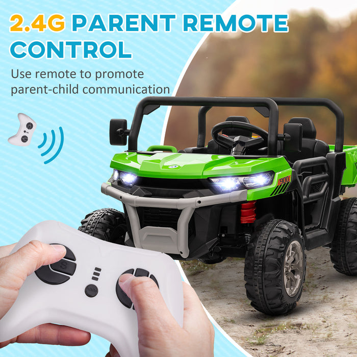 12V Dual-Seater Children's Ride-On Vehicle with Electric Lift Bucket - Interactive Remote-Controlled Car in Vibrant Green - Perfect for Imaginative Outdoor Play