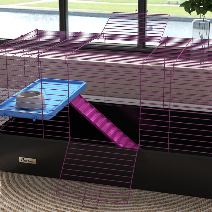 Small Animal Habitat - Sturdy Pet Cage with Platform and Ramp for Chinchillas, Rabbits, Guinea Pigs - 99x52x53 cm Playhouse in Sleek Black Design