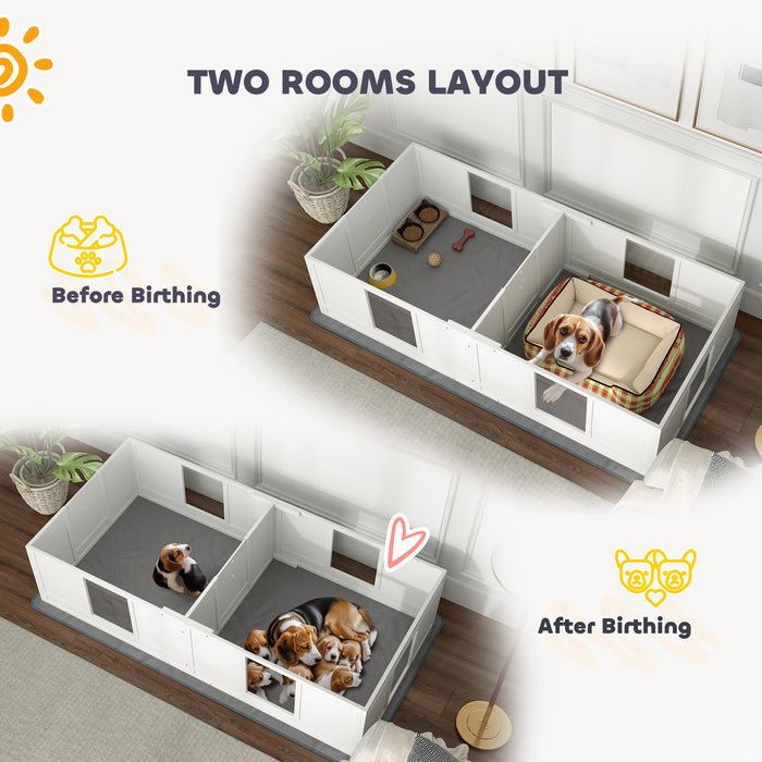 PawHut Two Room Design Whelping Box for Dogs with Whelping Pad, Clear Panels, Adjustable Entrance, for Medium Dogs, 196 x 96cm