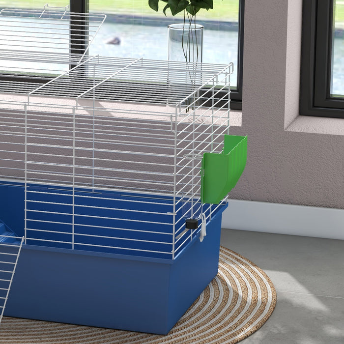 Small Animal Habitat - Chinchilla, Guinea Pig & Small Rabbit Cage with Platform and Ramp - 99x52x53cm Pet Playhouse in Blue