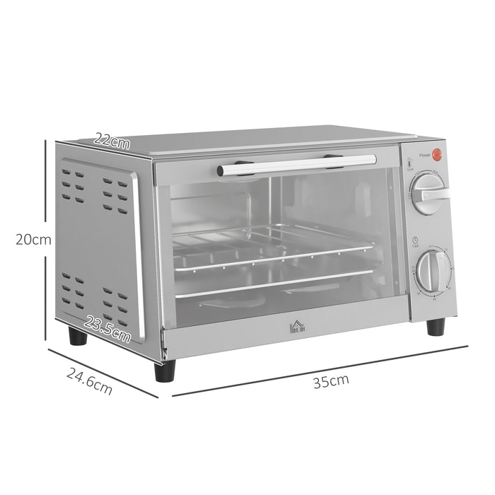 Mini Oven 9L Electric Grill - Countertop Toaster with Adjustable Temp, Timer, Baking Tray & Wire Rack, 750W in Silver - Compact Cooking Solution for Small Spaces & Quick Meals