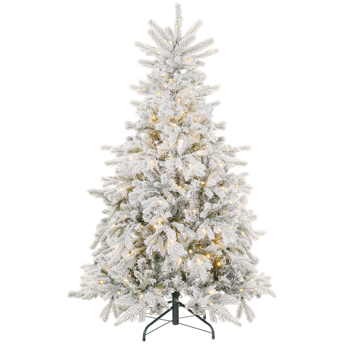 HOMCOM 5ft Prelit Snow Flocked Artificial Christmas Tree with Warm White LED Light and 931 Tips, Metal Base, Snowy Realistic Xmas Tree