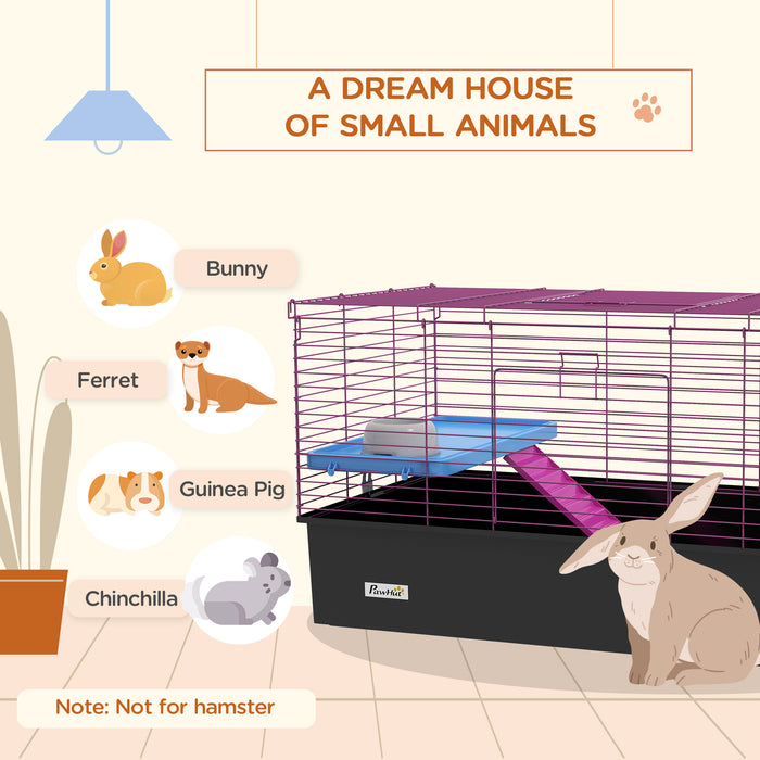 Small Animal Habitat - Sturdy Pet Cage with Platform and Ramp for Chinchillas, Rabbits, Guinea Pigs - 99x52x53 cm Playhouse in Sleek Black Design