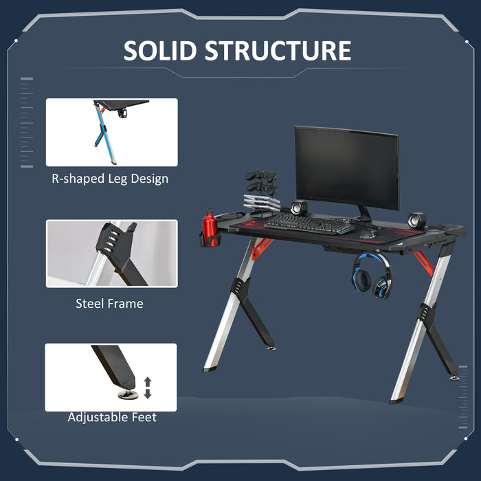 Gamer's Battle Station - LED Illuminated Carbon Fiber-Style Workstation with Cup Holder, Headphone Hook & Storage Basket - Sleek Steel Frame for Enhanced Gaming Experience