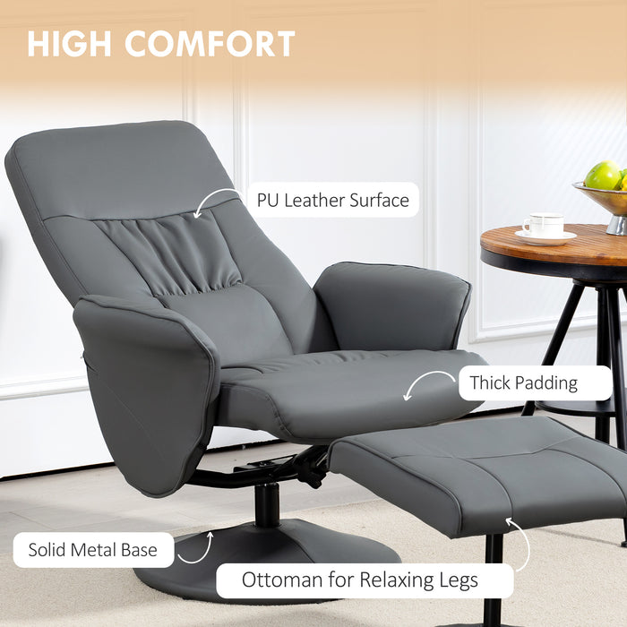 Elegant Swivel Recliner Chair & Footstool Set - High Back PU Leather Armchair with Ottoman, Grey - Ideal for Comfortable Living Room Lounging