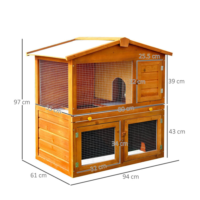 2-Tier Wooden Rabbit Hutch with Run Ramp - Spacious Guinea Pig & Ferret Cage Coop with Sliding Tray, 94x97x61cm - Ideal Pet Shelter for Bunnies and Small Animals