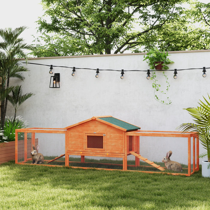 Outdoor Wooden Rabbit Hutch with Spacious Run - Includes Tray, Ramps, and Durable Asphalt Roof - Ideal for Pet Rabbits and Small Animals, 309x70x87cm, Orange Color