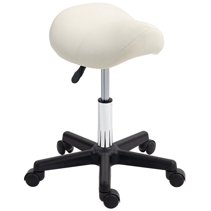 Adjustable White Saddle Stool - PU Leather, Steel Frame, Rolling Salon Chair for Massage, Spa, Beauty & Tattoo - Comfortable Seating for Professionals