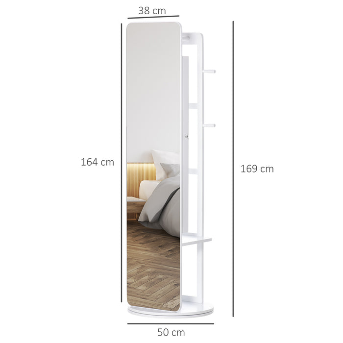 360° Rotating Full-Length Mirror with Jewelry Storage - Bedroom Floor Mirror with Hanging Bar and Coat Rack - Space-Saving Furniture for Living Room and Bedroom Use