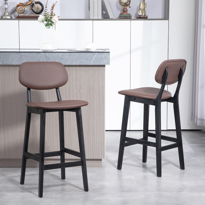 Modern Breakfast Bar Chairs Set of 2 - Faux Leather Upholstered Stools with Wood Legs and Back Support - Ideal for Kitchen Islands and Home Bars, Brown