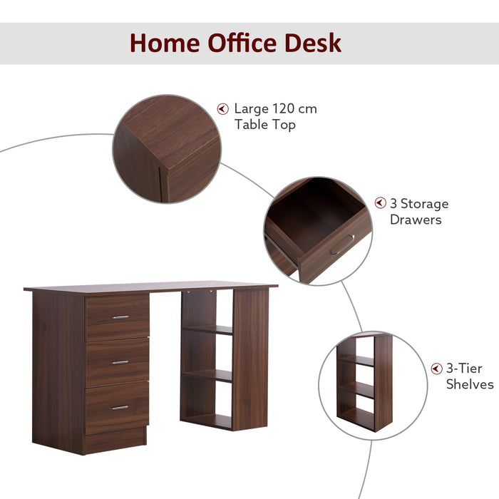 120cm Walnut Computer Desk - Writing Table with PC Workstation, Study Stationery, 3 Shelves & Drawers - Perfect for Home Office Organization