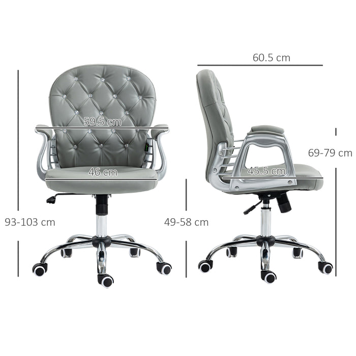 Ergonomic 360° Swivel Office Chair - PU Leather with Diamante Detailing & Padded Base, 5 Castor Wheels - Comfortable Seating Solution for Home and Office Workers, Grey