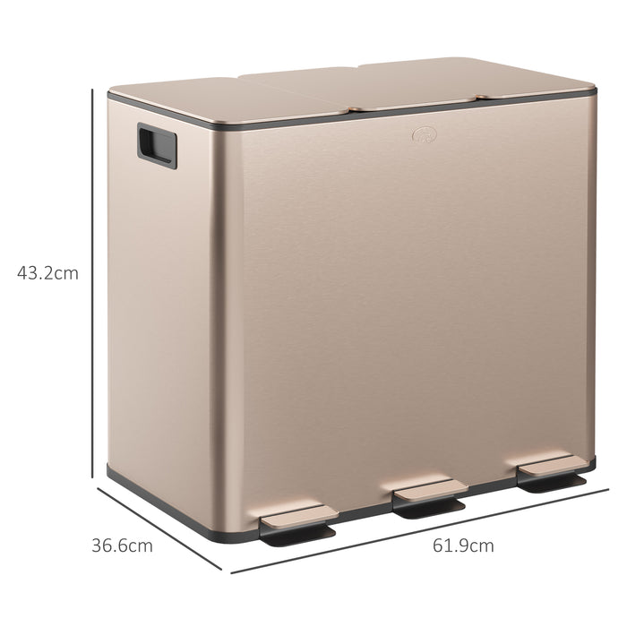 Steel Triple Pedal Bin, 15L Compartments - Soft Close Lid, Removable Buckets, Fingerprint-Proof Finish in Luxurious Gold Tone - Ideal for Recycling & Waste Management in Kitchens