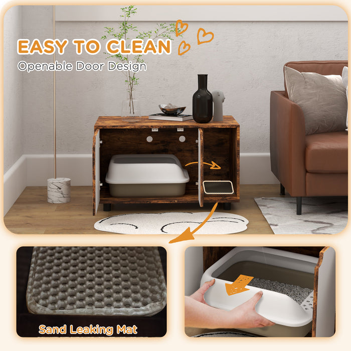 Hidden Litter Box - Dual-Function Cat Litter Box Furniture with Sand Drain Pad and Double Doors - Stylish Indoor Solution for Cat Owners, Rustic Brown, 80x48x48cm