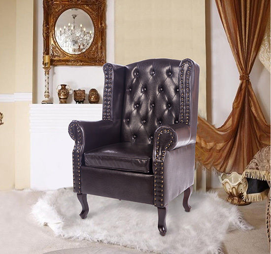 Antique Chesterfield Queen Anne Armchair - High Back Design with PU Leather Seat and Cushion - Elegant Fireside Chair for Home Decor & Comfort