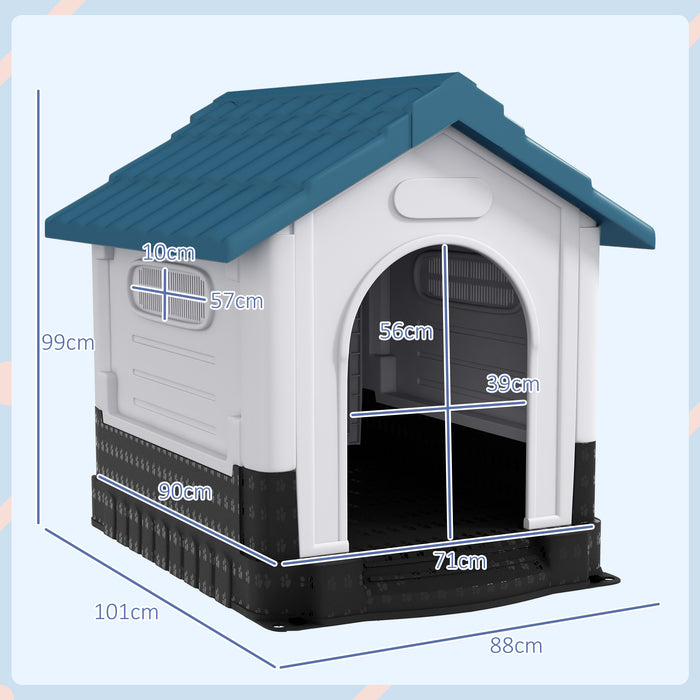 Durable Plastic Dog House with Ventilated Windows - Spacious Kennel for Medium and Large Breeds, Perfect for Outdoor Patio & Garden Use - 101x88x99cm in Blue