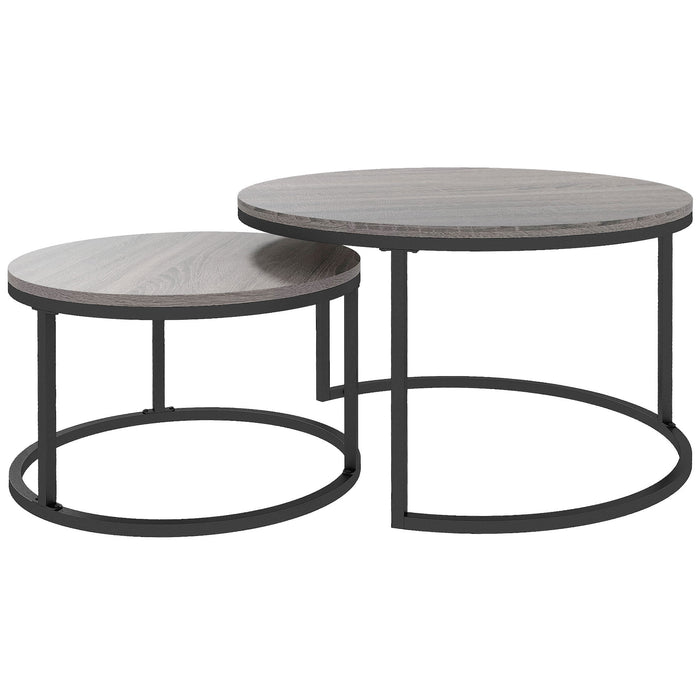 Industrial Nesting Coffee Table Duo - Wood Effect Top with Sturdy Steel Frame, Round Accent Tables - Ideal for Living Room Space Saving & Decor