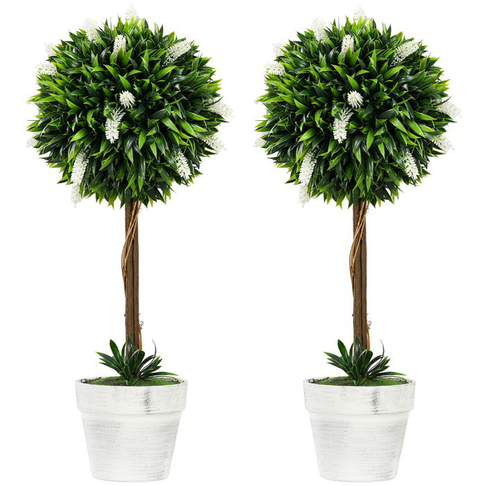 Decorative Artificial Plants Set of 2 - 60cm White Ball Trees with Flowers for Indoor/Outdoor Decor - Ideal for Home & Garden Aesthetics