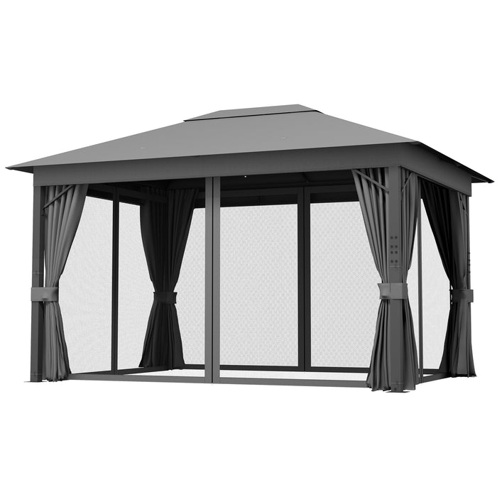 Aluminium Frame Patio Gazebo Canopy 4x3m - Vented Roof with Netting and Curtains in Grey - Ideal Outdoor Shelter for Garden and Deck Entertainment