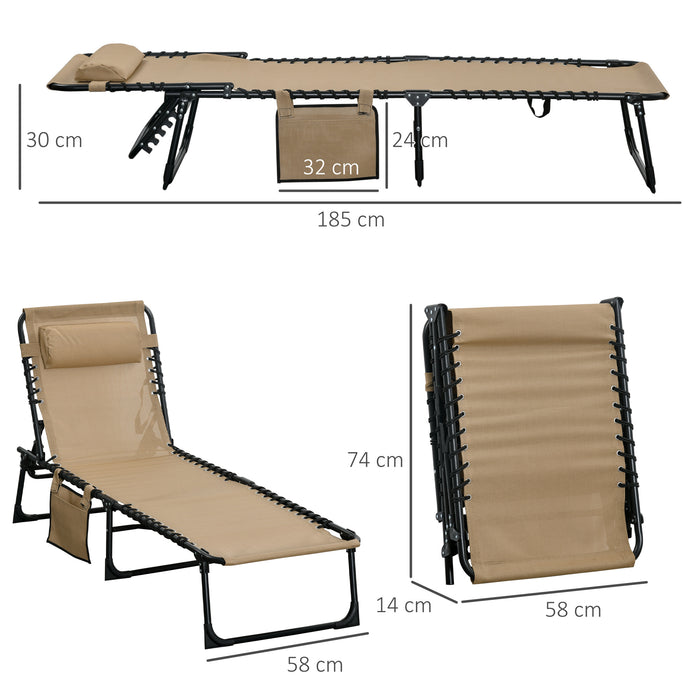 Folding Sun Lounger 2-Pack - Adjustable Reclining Camping Cot with Side Pocket and Pillow - Perfect for Patio, Garden, Beach, Pool Relaxation, Beige