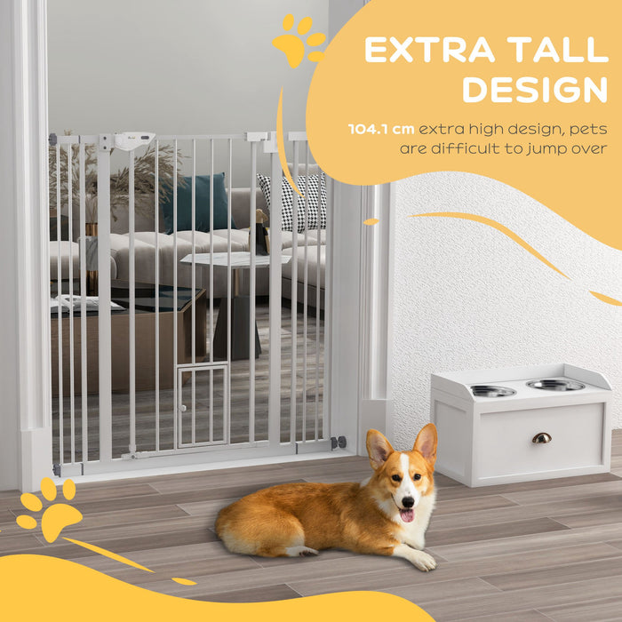 Extra Tall Indoor Safety Pet Gate with Cat Door - Automatic Closing Feature, Adjustable Width 74-101cm - Ideal for Dogs & Cats, White Color