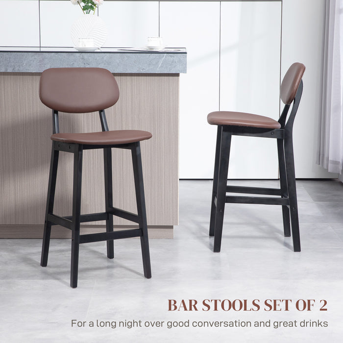 Modern Breakfast Bar Chairs Set of 2 - Faux Leather Upholstered Stools with Wood Legs and Back Support - Ideal for Kitchen Islands and Home Bars, Brown