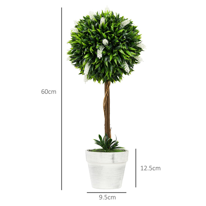 Decorative Artificial Plants Set of 2 - 60cm White Ball Trees with Flowers for Indoor/Outdoor Decor - Ideal for Home & Garden Aesthetics