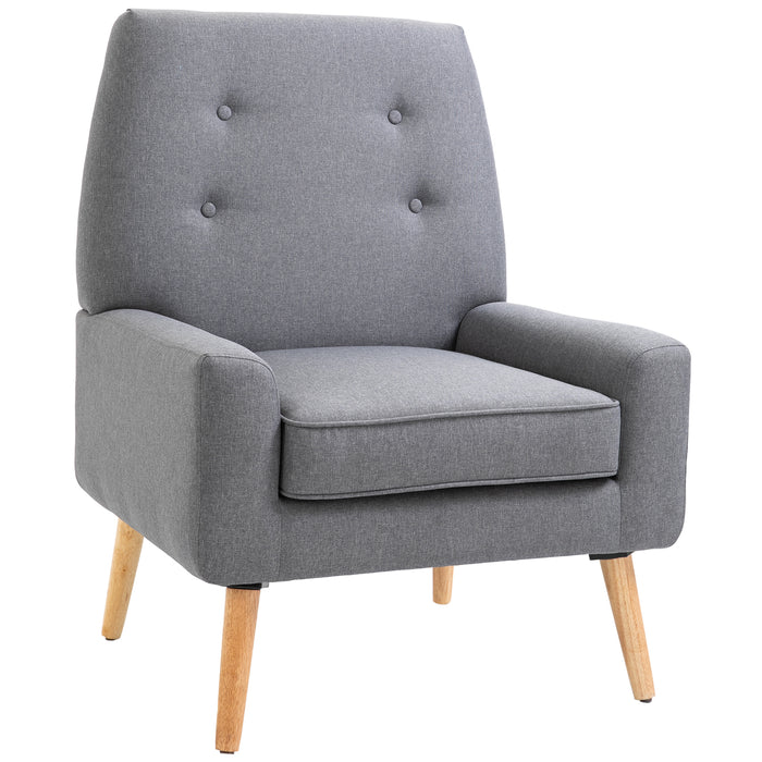 Nordic Padded Wooden Armchair - Single Cushion with Button Tufted Seat and Sponge Padding - Ideal for Scandinavian-Styled Living Room or Bedroom Comfort