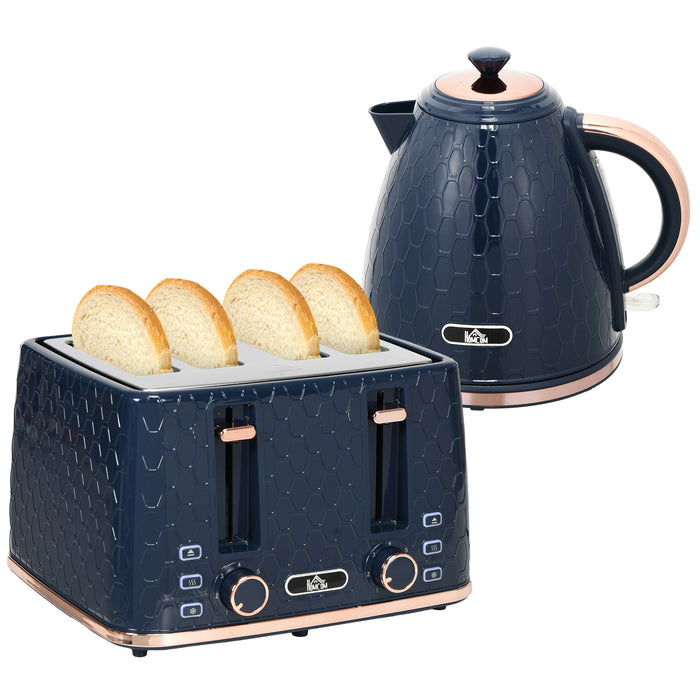 Blue Kitchen Appliance Combo - 1.7L Rapid Boil Electric Kettle & 4 Slice Toaster with Variable Browning - Auto Shut-Off & Easy Clean Crumb Tray