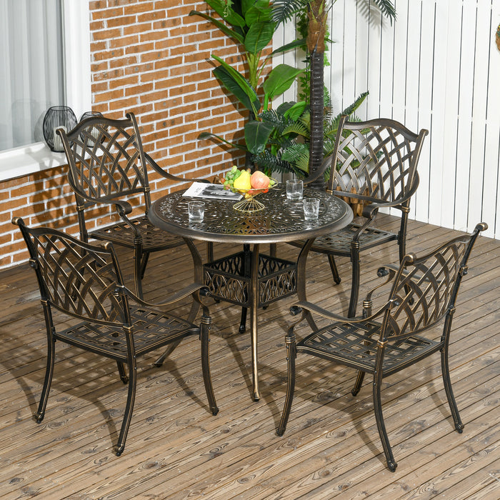 5-Piece Cast Aluminum Outdoor Dining Set - Includes 4 Chairs & Round Table with Umbrella Hole - Ideal for Patio & Garden Entertainment