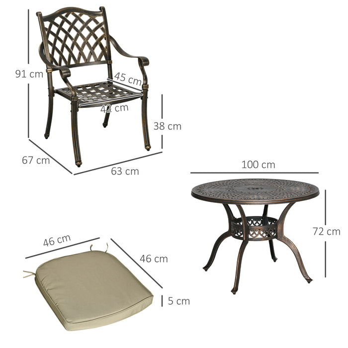 4-Seater Cast Aluminium Patio Dining Set - Antique Bronze Garden Table & Chairs with Cushions and Umbrella Hole - Elegant Outdoor Meal Space for Families