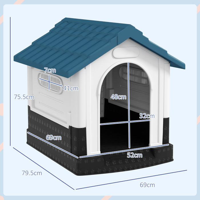 Durable Blue Plastic Dog Kennel with Windows - Ideal for Garden & Patio Use - Perfect Shelter for Miniature and Small Breeds (80 x 69 x 76cm)