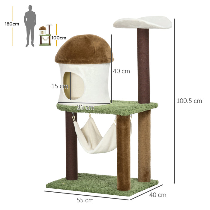 100cm Cat Tree Tower - Mushroom Condo, Sisal Scratching Post, Hammock Activity Center - Ideal for Playful Cats & Kittens