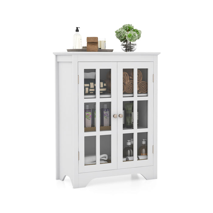 Bathroom Floor Cabinet with 2 Glass Doors and Adjustable Shelves-White