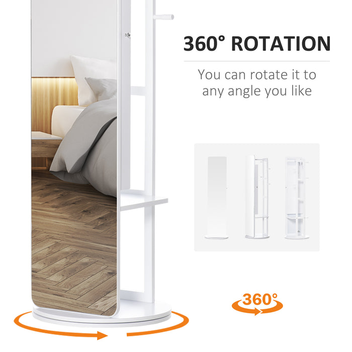 360° Rotating Full-Length Mirror with Jewelry Storage - Bedroom Floor Mirror with Hanging Bar and Coat Rack - Space-Saving Furniture for Living Room and Bedroom Use