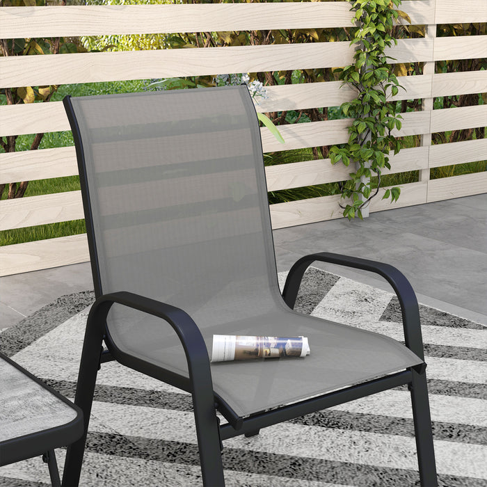 Outdoor Bistro Furniture Set - 3-Piece Patio Ensemble with Stackable Armchairs & Mesh Fabric - Includes SPC Board Coffee Table for Porch or Garden Relaxation