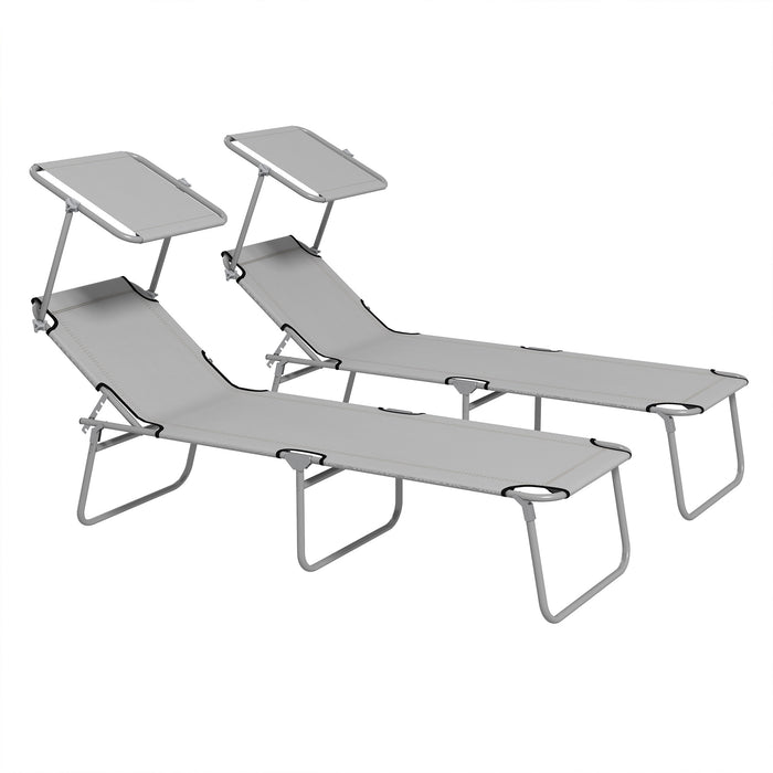 Foldable Sun Lounger Duo Pack with 4-Level Adjustable Backrest - Reclining Chairs with Angle-Adjustable Sun Shade - Perfect for Beach, Garden, Patio in Light Grey