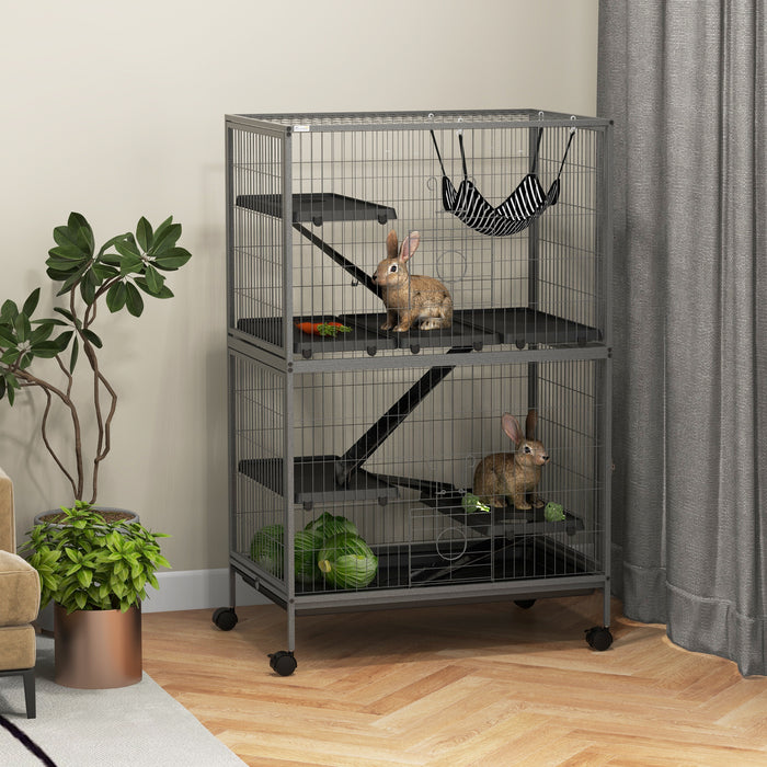 Chinchilla & Ferret Mobile Home - Small Animal Cage with Hammock & Wheels, Removable Tray in Silver Grey - Ideal for Kitten Care and Easy Mobility