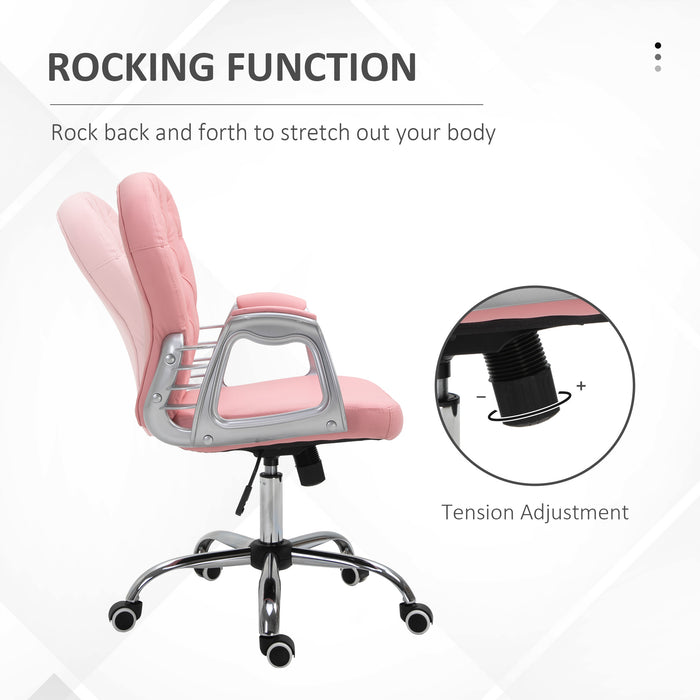 Ergonomic 360° Swivel Office Chair with PU Leather - Diamante Padded Base & 5 Castor Wheels in Pink - Perfect for Home Office Comfort