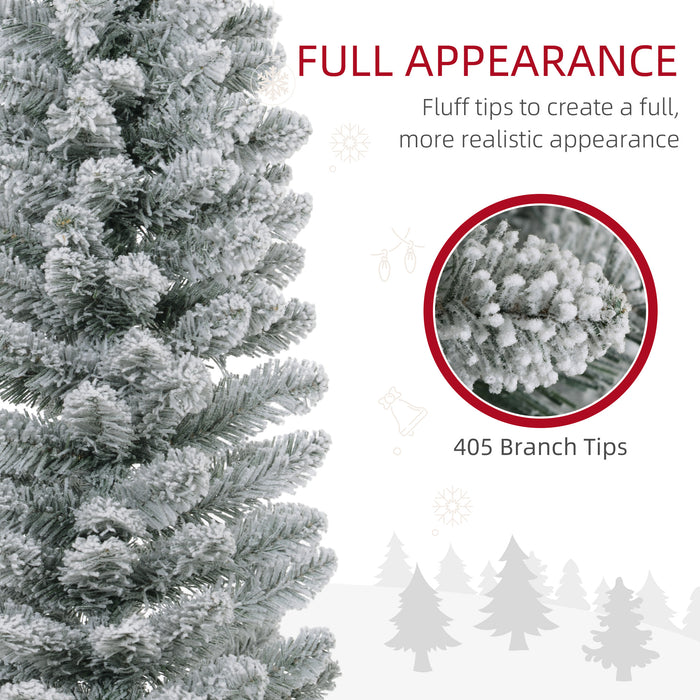 7ft Snow Flocked Pencil Christmas Tree - 405 Realistic Tips with Sturdy Metal Base - Space-Saving Design for Holiday Decor