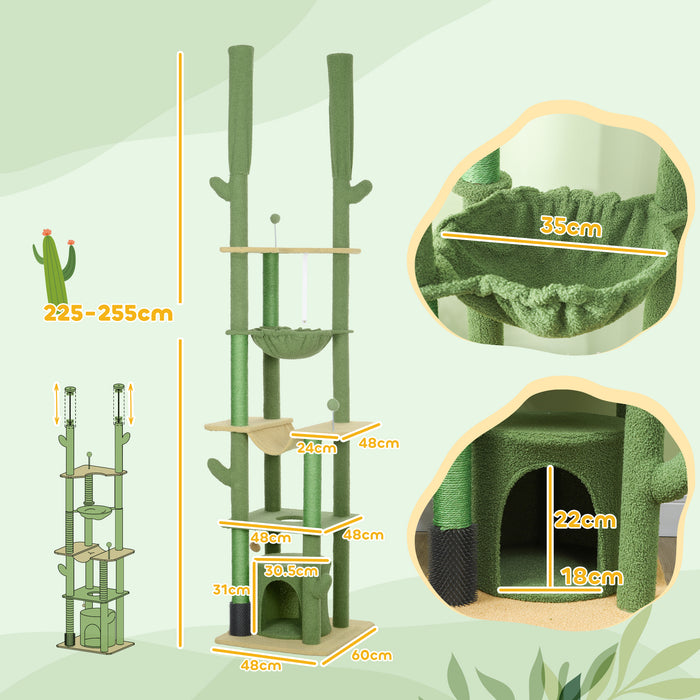 PawHut 225-255cm Height Adjustable Floor to Ceiling Cat Tree, Tall Cat Tower for Indoor Cats w/ Scratching Posts - Green | Aosom UK