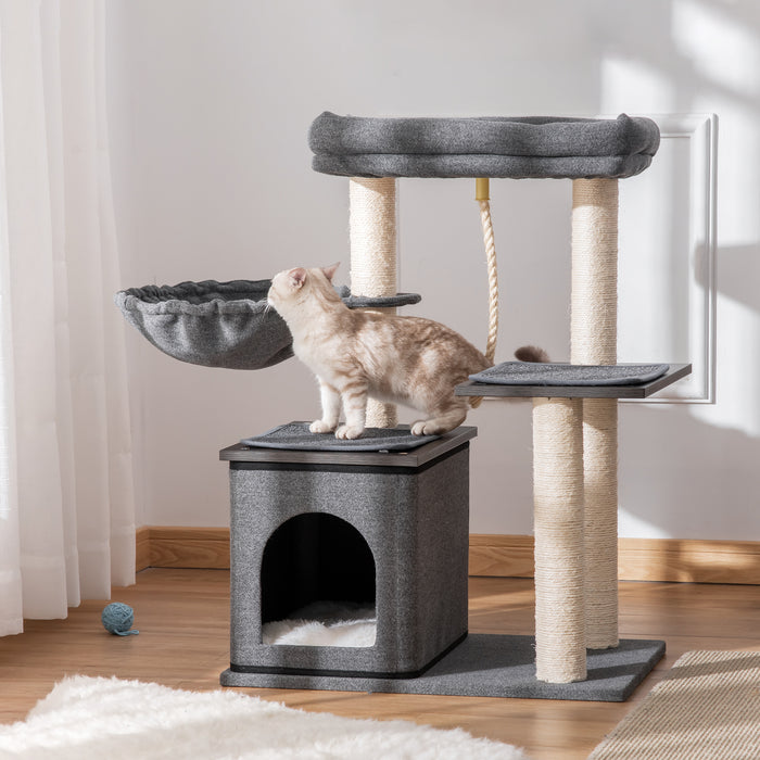 Cat Tree Tower for Climbing - Multi-Level Activity Center with Sisal Scratching Posts, Cozy Bed, Condo & Teasing Rope - Ideal for Kittens & Agile Cats, 60x40x83cm, Dark Grey