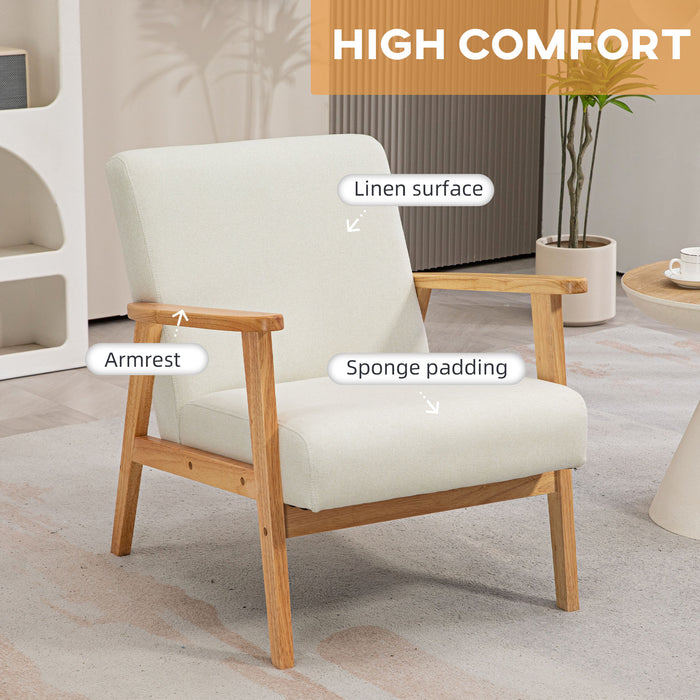 Modern Cream White Fabric Accent Chair - Padded Armchair with Durable Rubber Wood Frame - Elegant Seating for Living Room Comfort