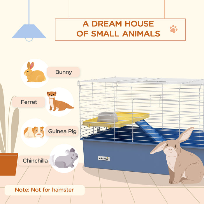 Small Animal Habitat - Chinchilla, Guinea Pig & Small Rabbit Cage with Platform and Ramp - 99x52x53cm Pet Playhouse in Blue